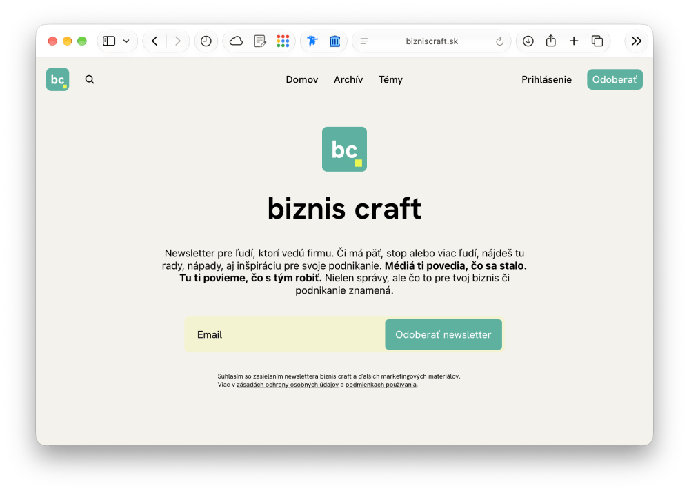Úvodná stránka newslettera biznis craft